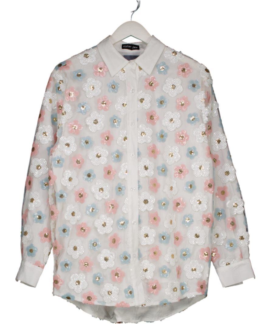 Sister Jane White Floral Embellished Sequin Shirt One Size