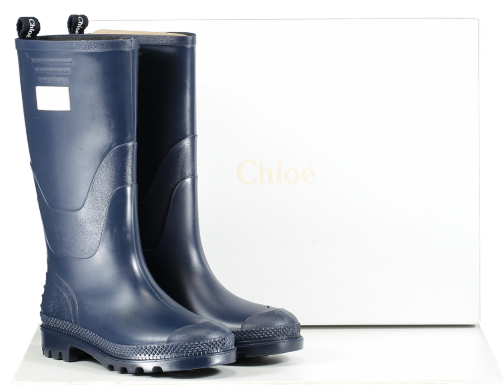 CHLOE Navy Blue Logo Patch Wellington Boots UK 2.5 EU 35 👼