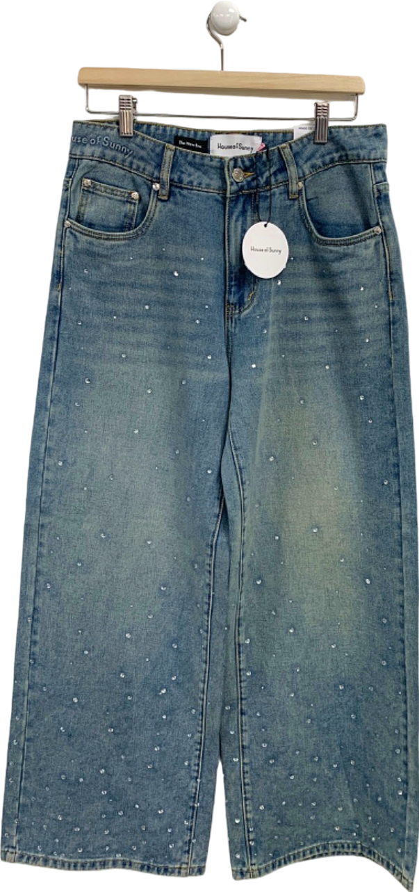 House of Sunny Sky Blue Crystalised Wide Leg Denim 8