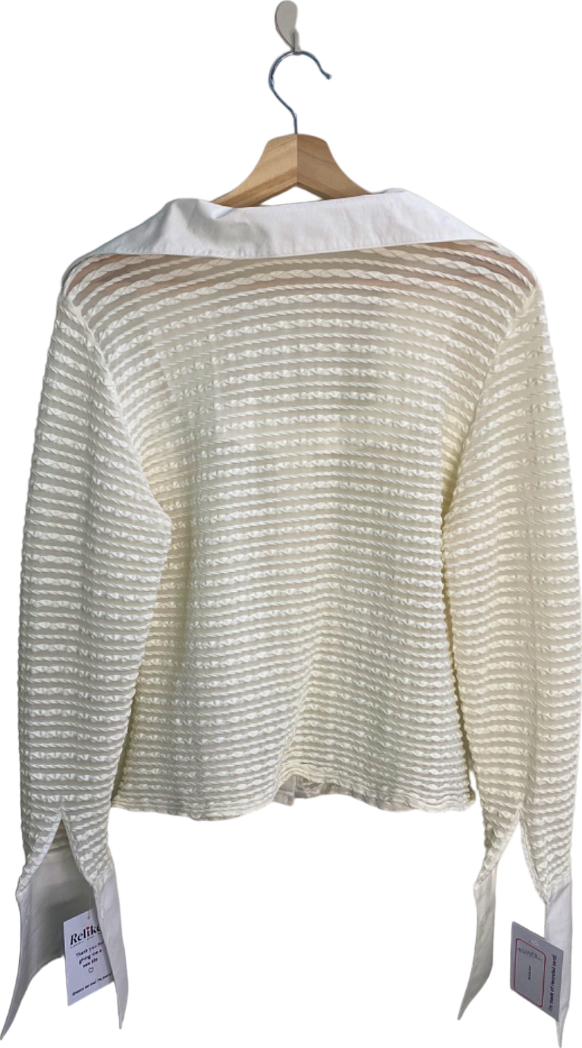 Rayure Paris Vintage White Sheer Striped dramatic collar Blouse UK L