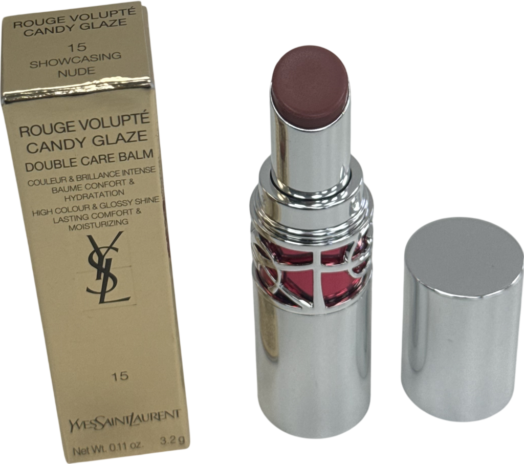 YSL Rouge Volupté Candy Glaze Lipstick 15 Showcasing Nude 3.2g