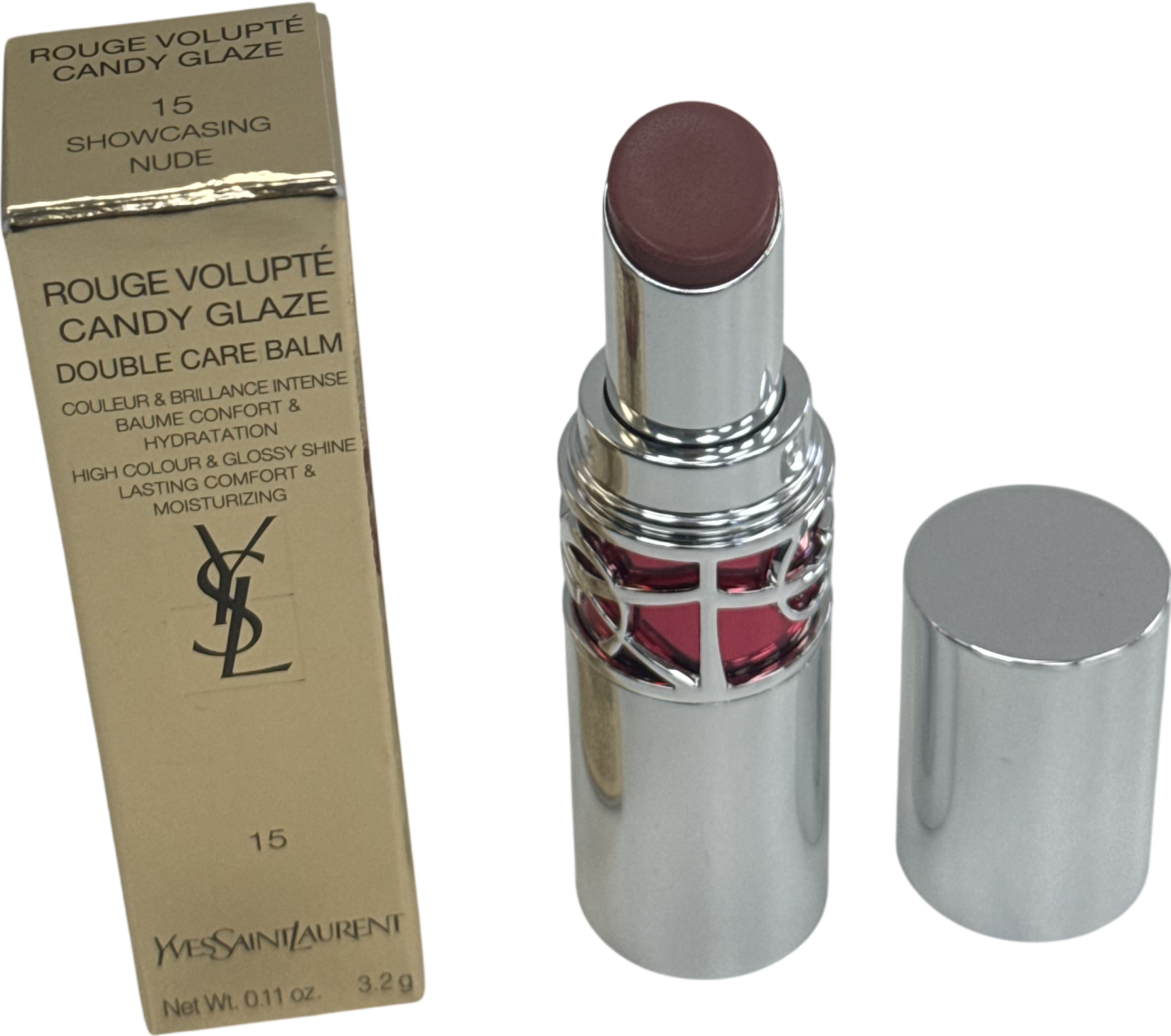 YSL Rouge Volupté Candy Glaze Lipstick 15 Showcasing Nude 3.2g