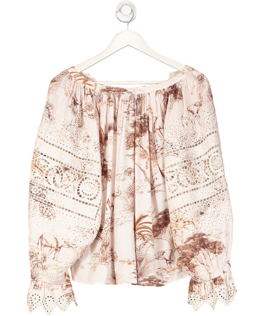 Sandro Ivory / Brown Broderie Anglaise Toile Printed Linen Blouse UK L