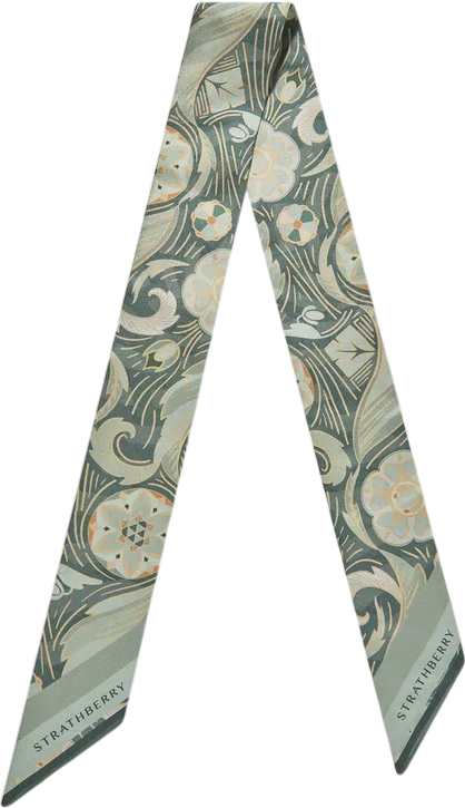 STRATHBERRY 100% Silk Twilly Skinny Scarf -sage Green Arcade Print One Size