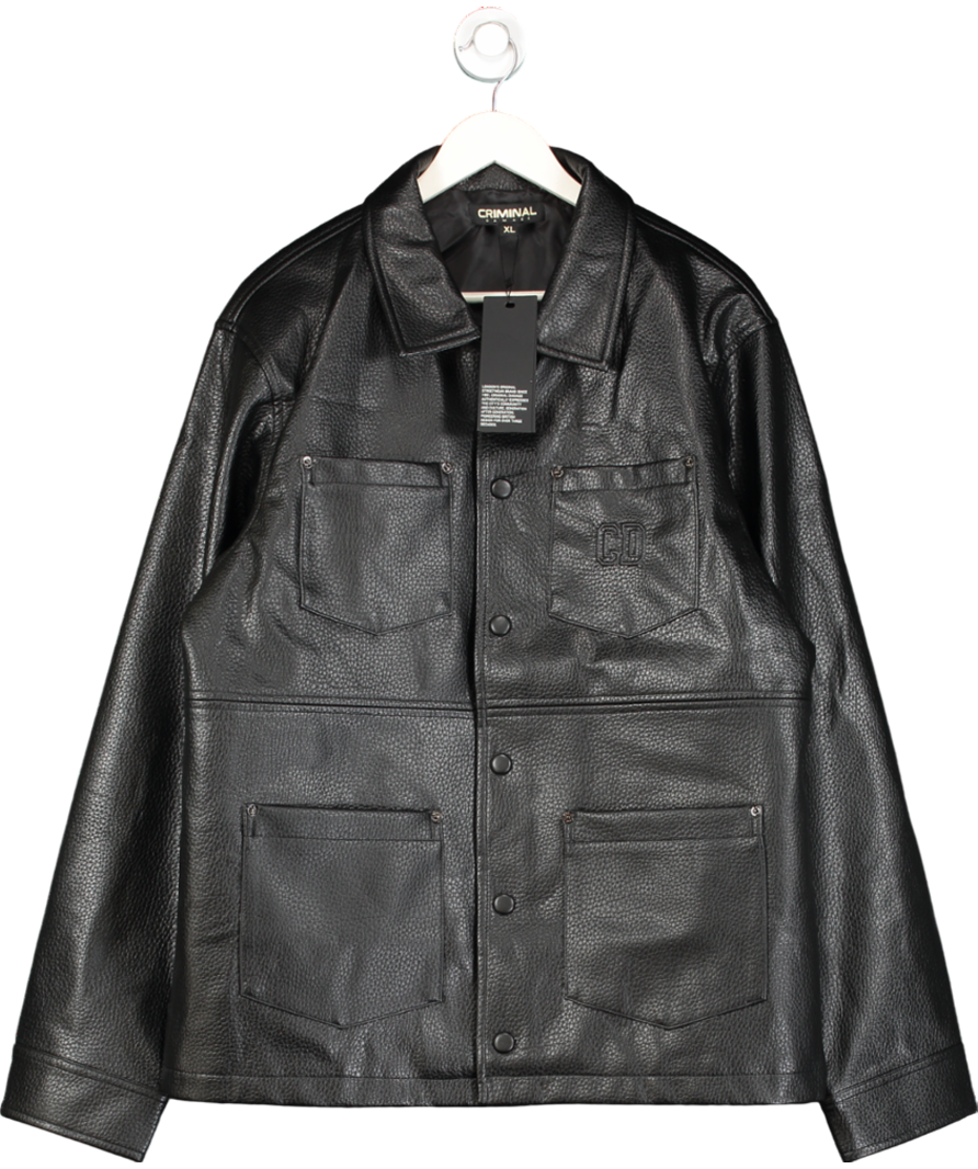 Criminal Damage Black Faux Leather Oversized Logo Workwear Shirt / Jacket UK XL