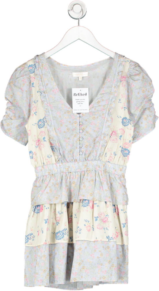 loveshackfancy Blue Floral Ruffled Patchwork Mini Dress UK XS