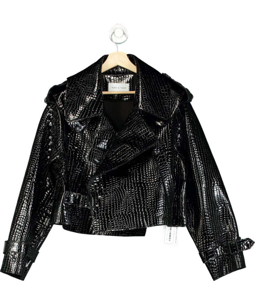 JANE & TASH Black Croc Oversized Leather Jacket UK M