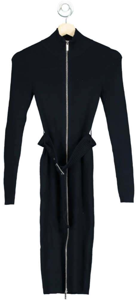 Karen Millen Blue Navy Ribbed Wool Blend Belted Midi Dress UK S