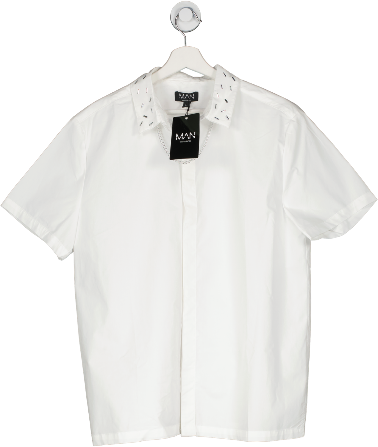 boohooMan White Star Studded Shirt With Pearl Chain Detail Shirt UK L