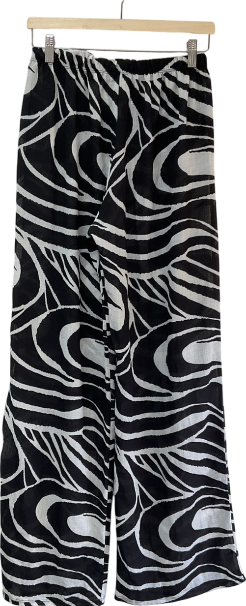 PrettyLittleThing White Black Swirl Print Woven Elasticated Waist Wide Leg Trousers UK 14