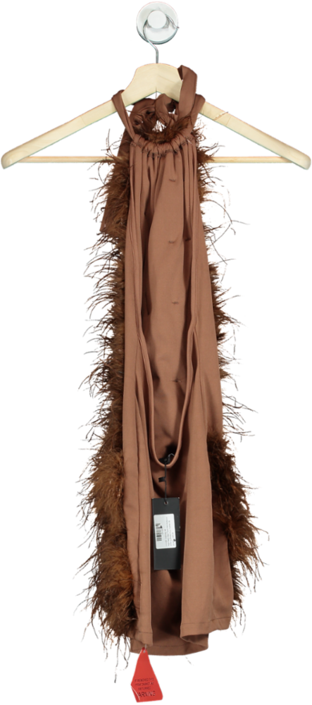 EGO Brown Halter Neck Feather Trim Top UK 8