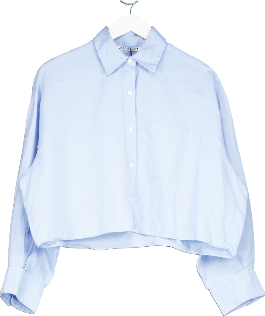 ZARA Blue Linen Cropped Button Down Shirt UK M