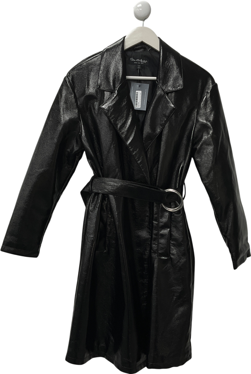 Miss Selfridge Black Faux Leather Trench Coat With Ring Belt UK 10