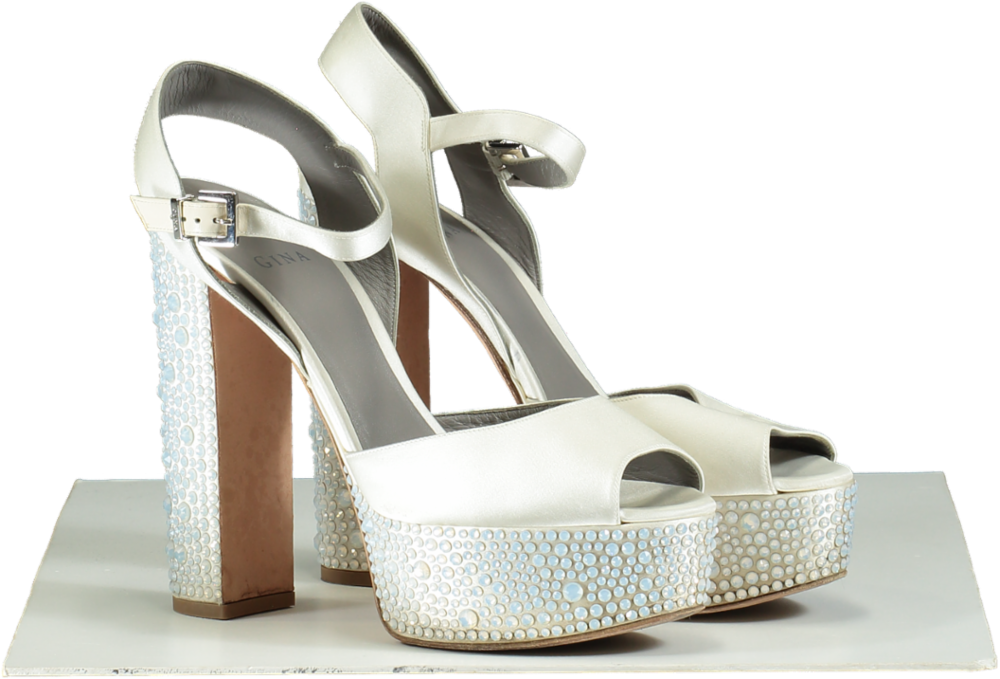 Gina CAUDALIE Swarovski crystal embellished platform heels in Cream Satin UK 7.5