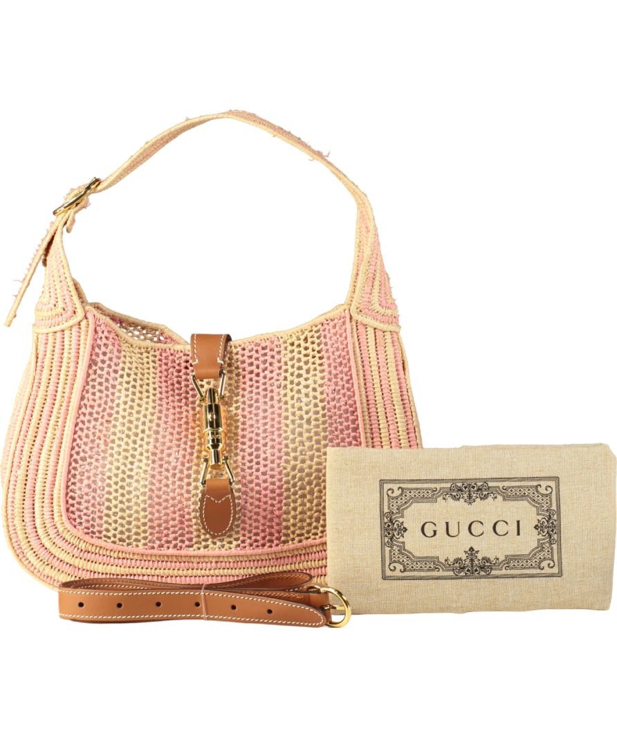 Gucci Raffia Woven Striped Small Jackie 1961 Hobo Pink / Natural Shoulder / crossbody bag