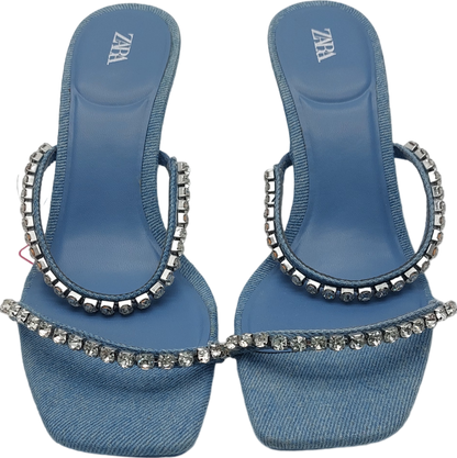 ZARA Blue Embellished Denim Heeled Sandals UK 4 EU 37 👠