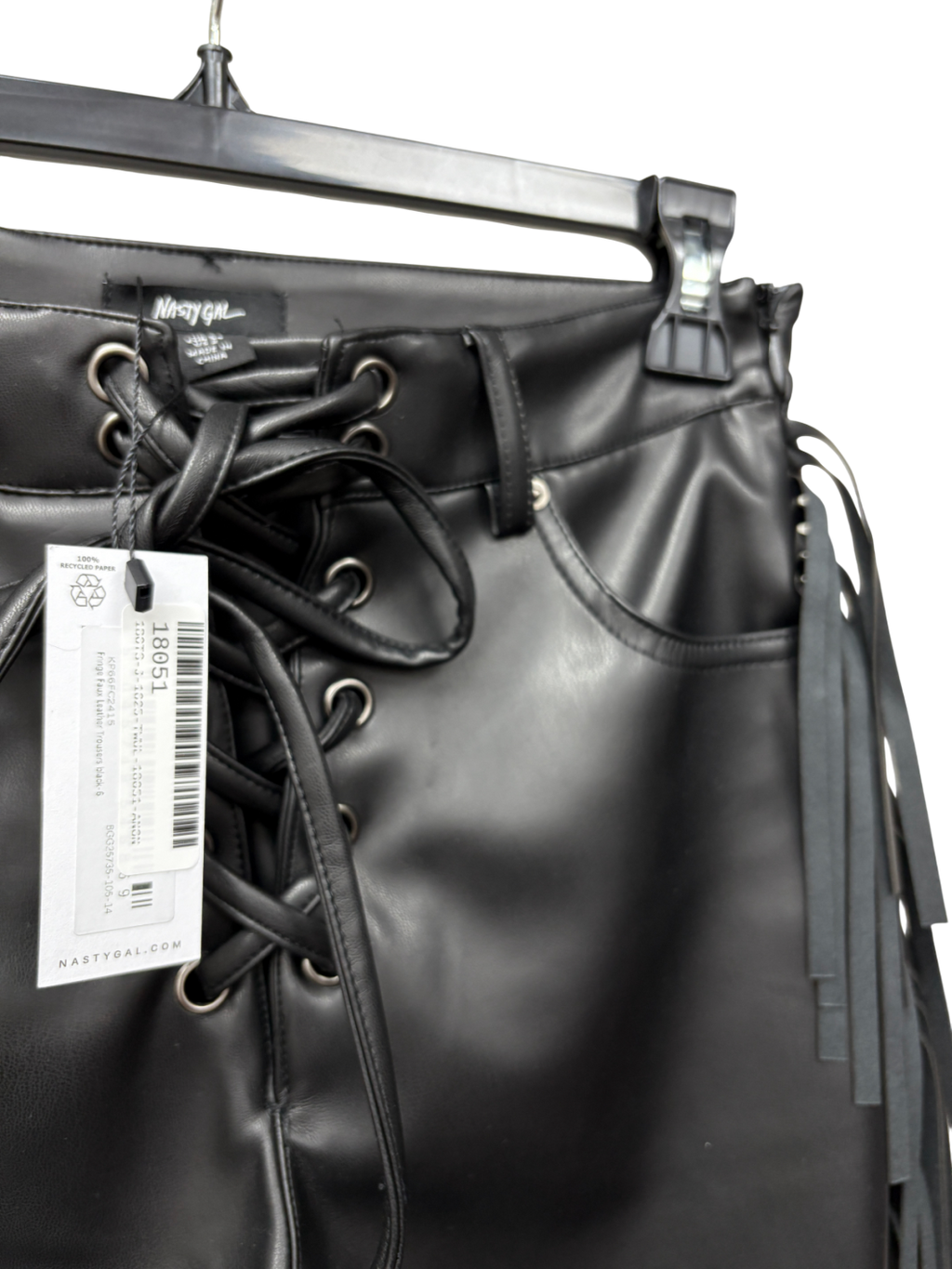 Nasty Gal Black Fringe Faux Leather Trousers UK 6