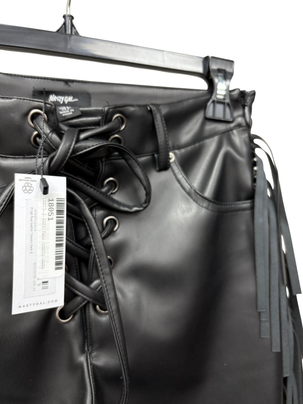 Nasty Gal Black Fringe Faux Leather Trousers UK 6