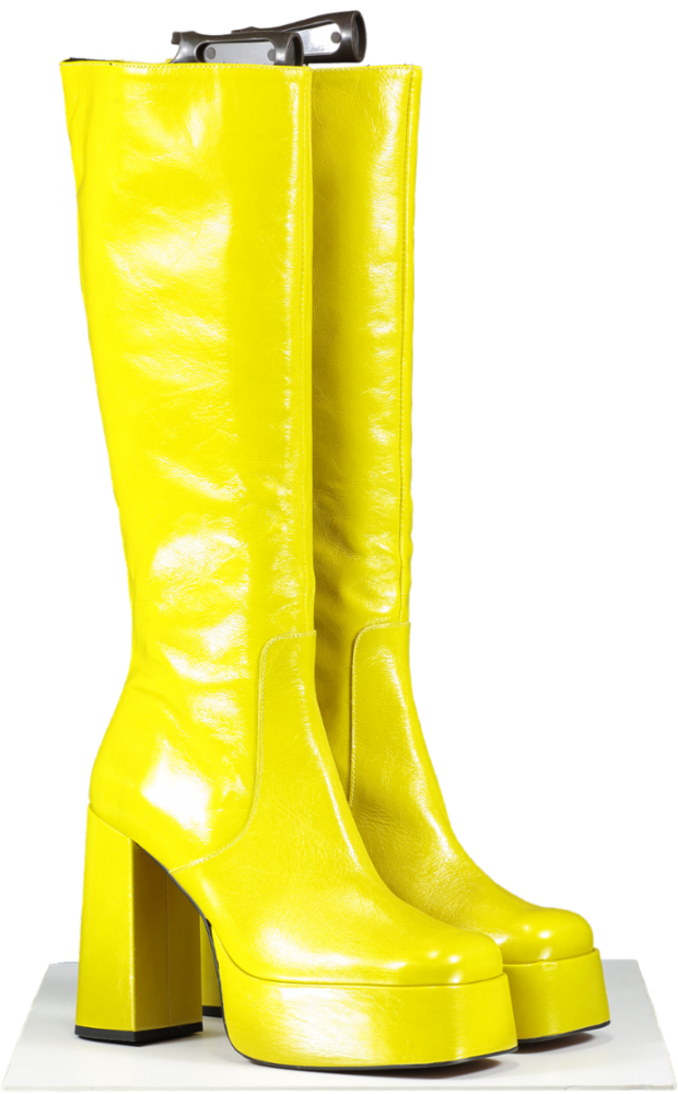 Karen Millen Yellow Khaki Leather Platform Knee High Boots UK 8 EU 41 👠