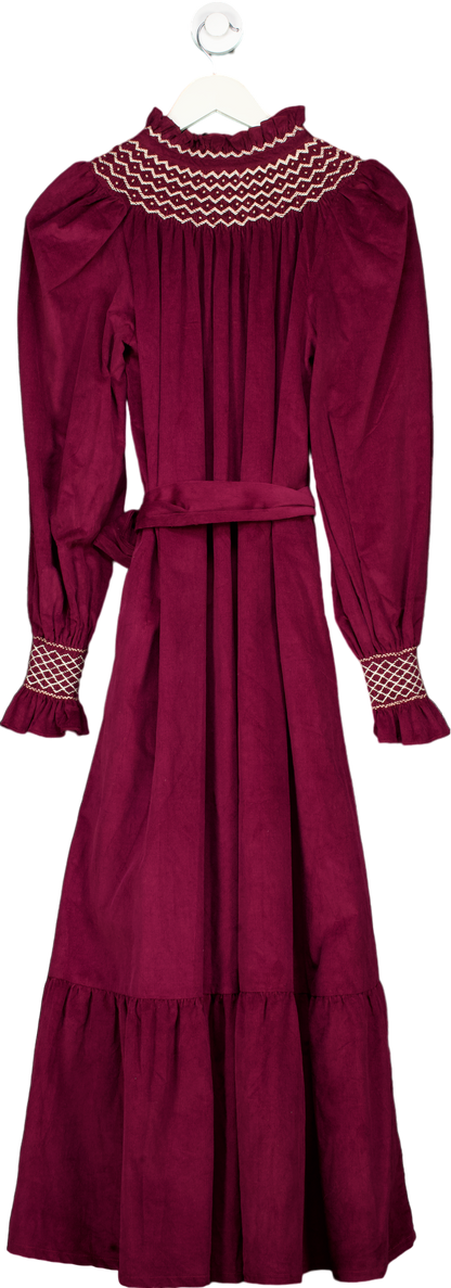 Smock London Burgundy Hand Smocked Corduroy Dress UK S/M