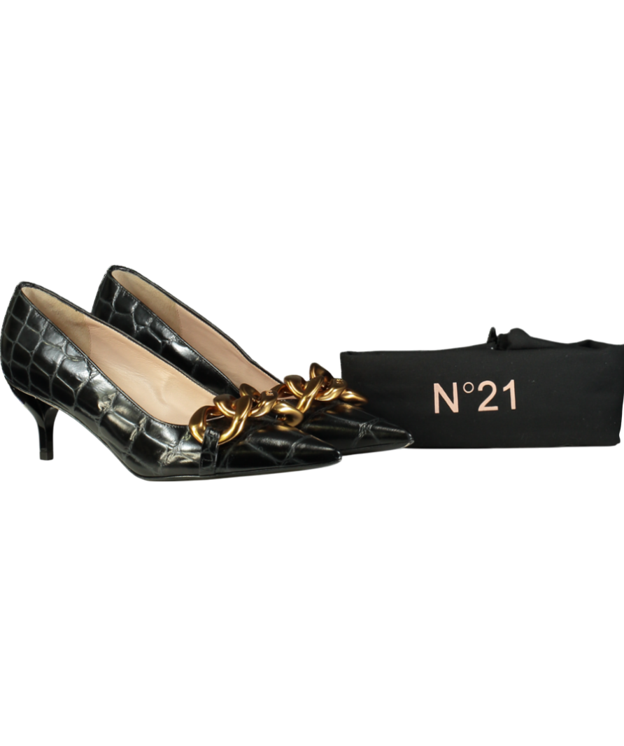 N.21 Black Chunky Chain Embellished Croc Effect Kitten Heels UK 6 EU 39 👠