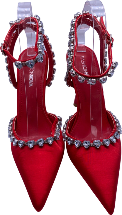 Fashion Nova Red Rhinestone Embellished Pointed Heels UK 4