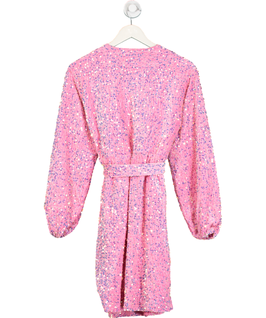 Pieces Pink Sequin Belted Wrap Mini Dress UK XS