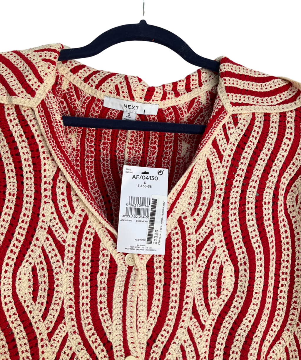 Next Red Ecru Wave Crochet Collared Short Sleeve Shirt UK S