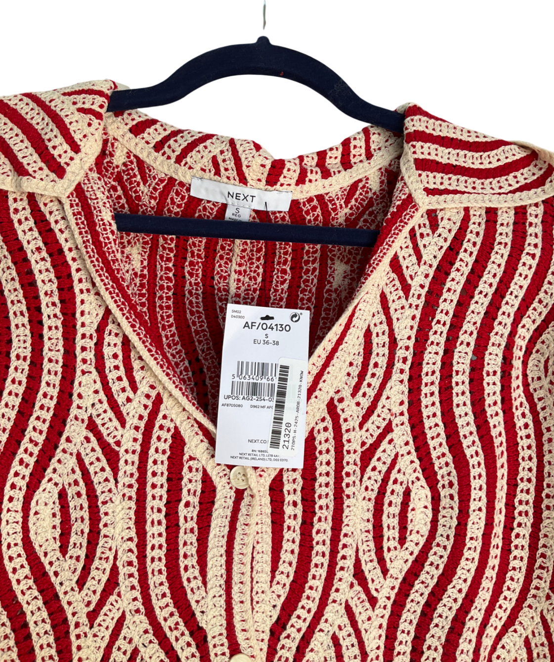 Next Red Ecru Wave Crochet Collared Short Sleeve Shirt UK S