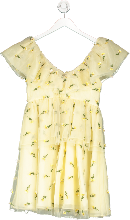 Ganni Yellow Bliss Embroidered Mesh Minidress In Aeise Flower UK 12