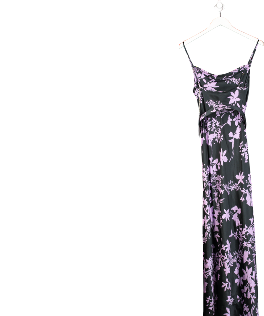 Nicholas Simone Belted Floral-Print Silk-Satin Maxi Dress In Midnight Blue/ Lilac UK 6