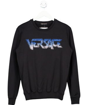 Versace Black Embellished Crystal Logo Sweater UK XS