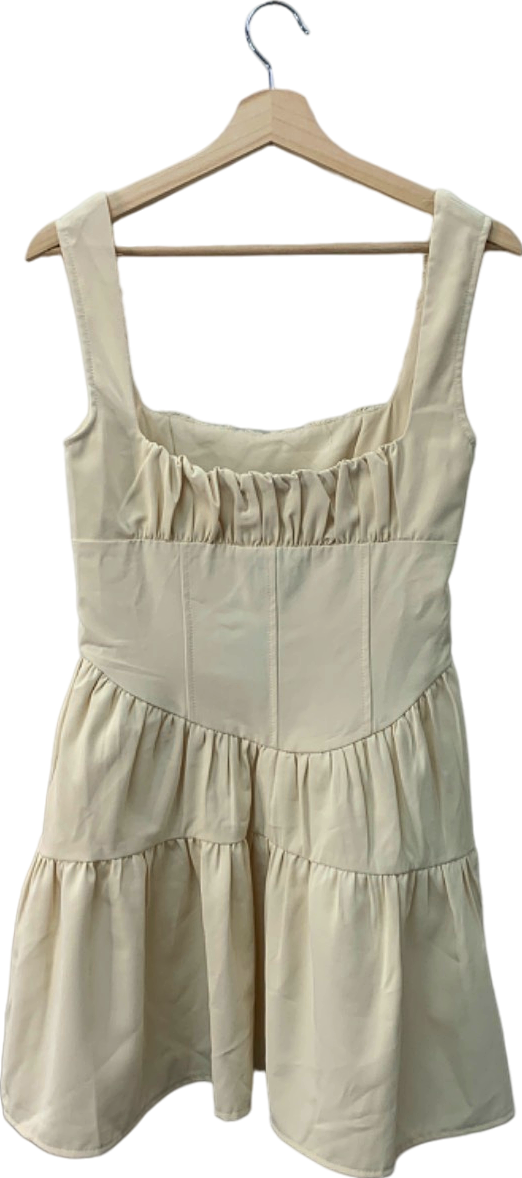 PrettyLittleThing Cream Corset Puffball Mini Shift Dress Size 8