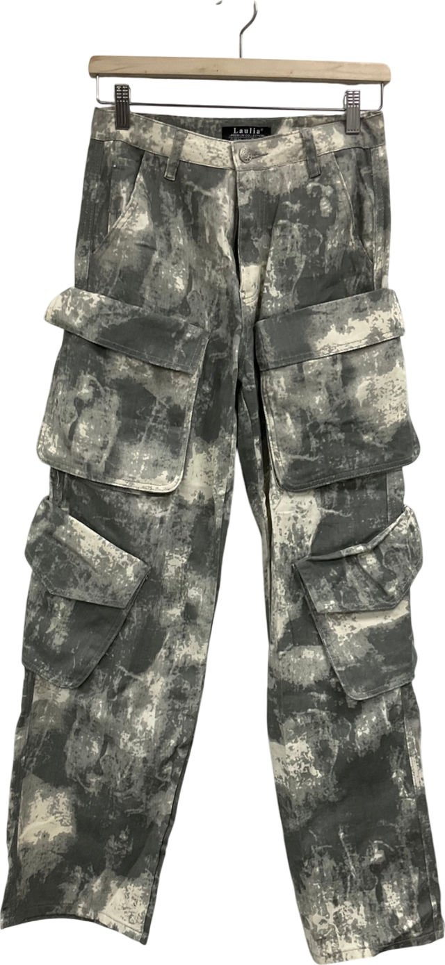 Laulia Grey Vintage Printed Pocket Wide Leg Jeans UK 8