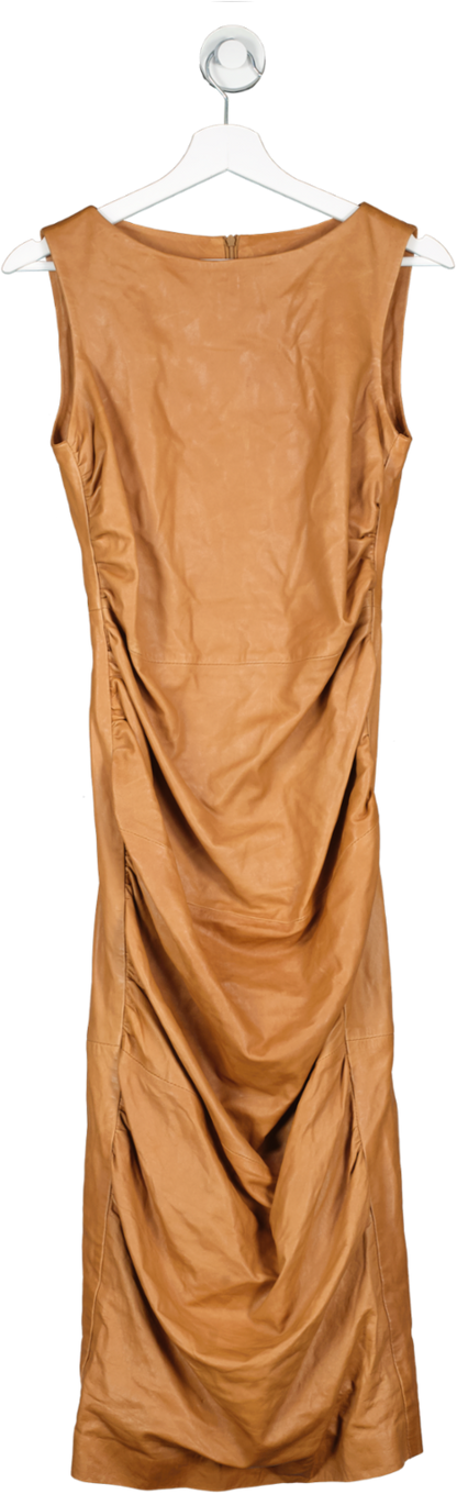 Karen Millen Brown Ruched Leather Midi Dress UK 8