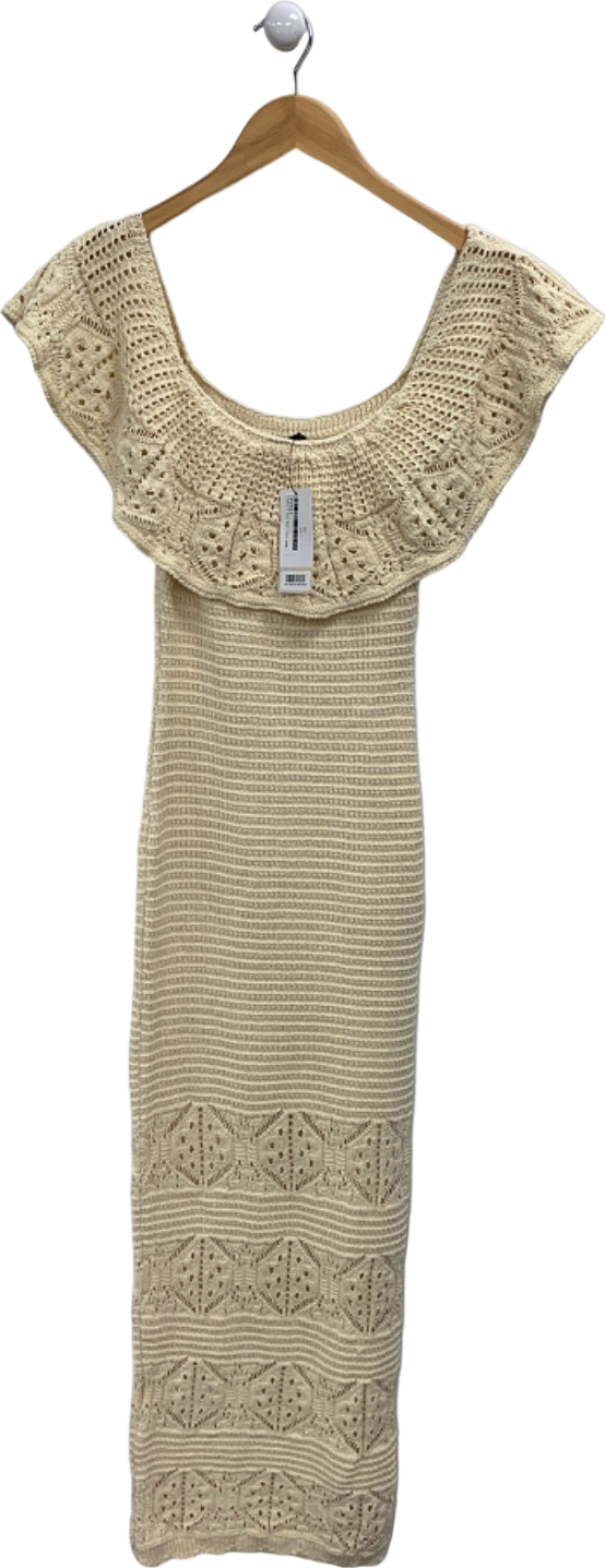 Lipsy Neutral Bardot Crochet Maxi Dress UK 8