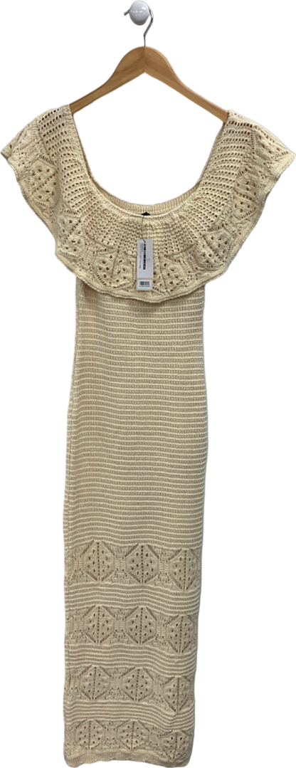 Lipsy Neutral Bardot Crochet Maxi Dress UK 8