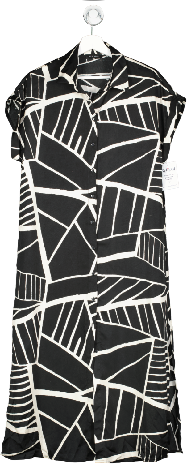 New Look Black Satin Geometric Belted Shirt Dress UK 12