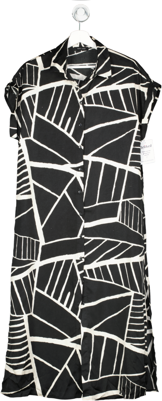 New Look Black Satin Geometric Belted Shirt Dress UK 12