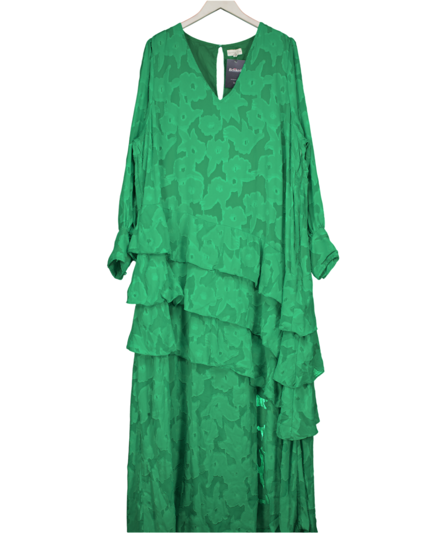 PRETTY LAVISH Asymmetric Frill Jacquard Maxi Dress In Green UK 24