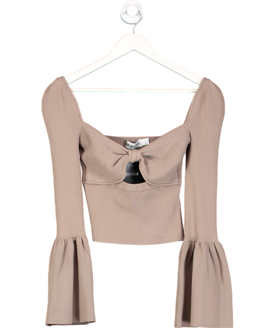 Self-Portrait Brown Bow Flared-sleeve Knitted Top UK M