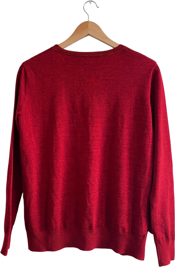 Diane von Furstenberg Dark Red Merino Wool / Viscose  Blend Ruffled Crew Neck Jumper UK S
