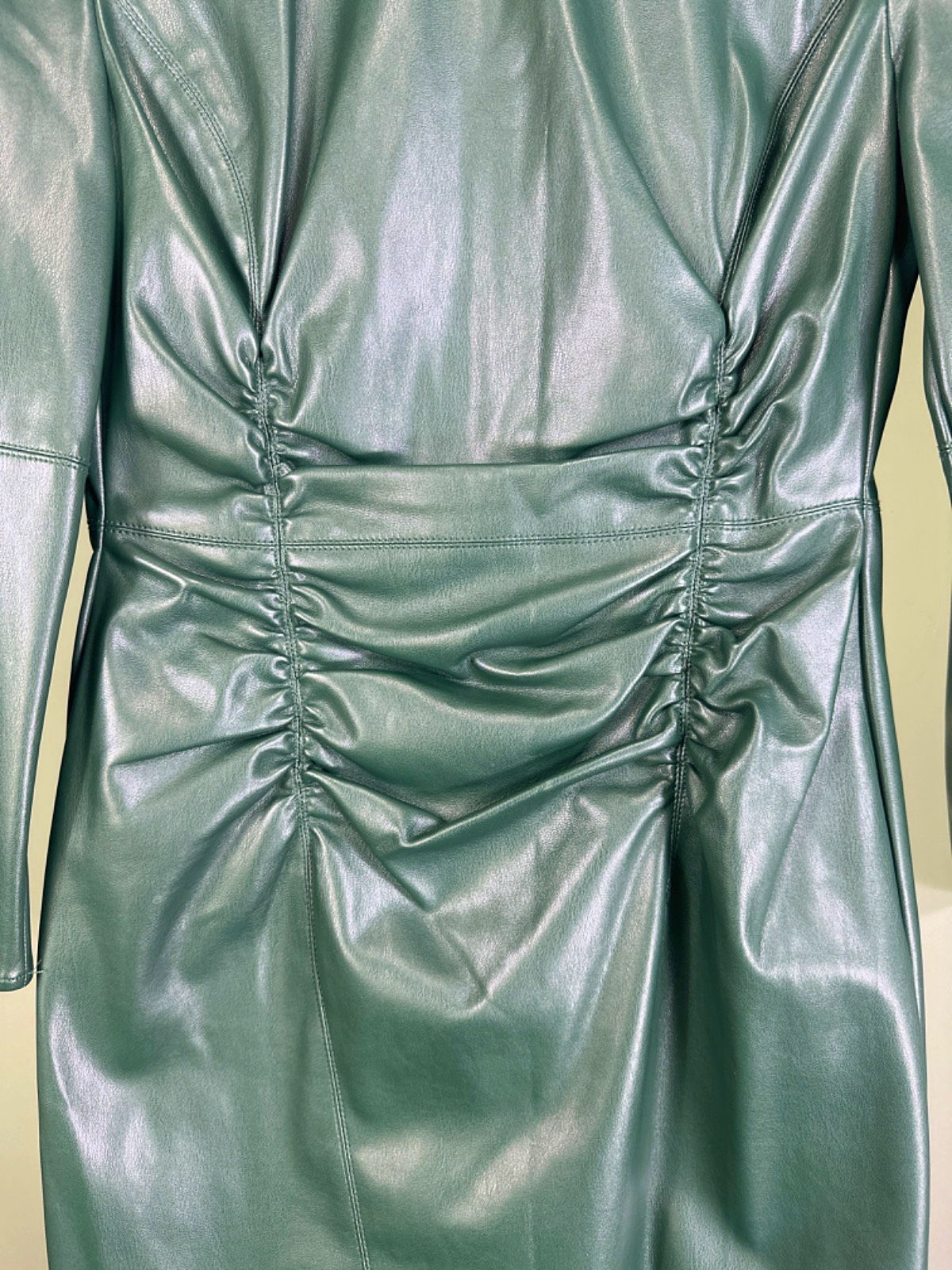 Zara Green Faux Leather Ruched Dress UK S