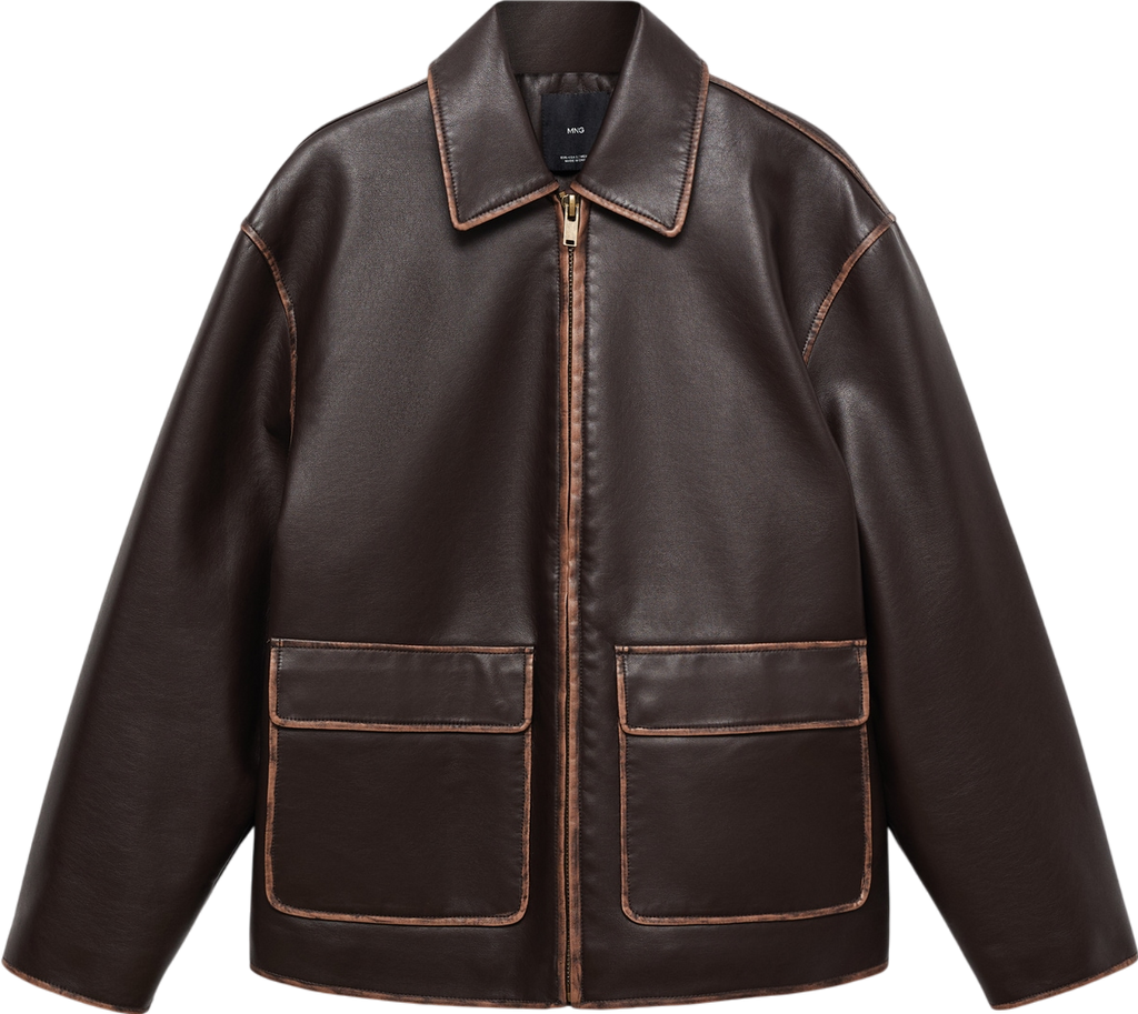 MANGO Brown Leather-effect Jacket With Contrast Stitching UK M