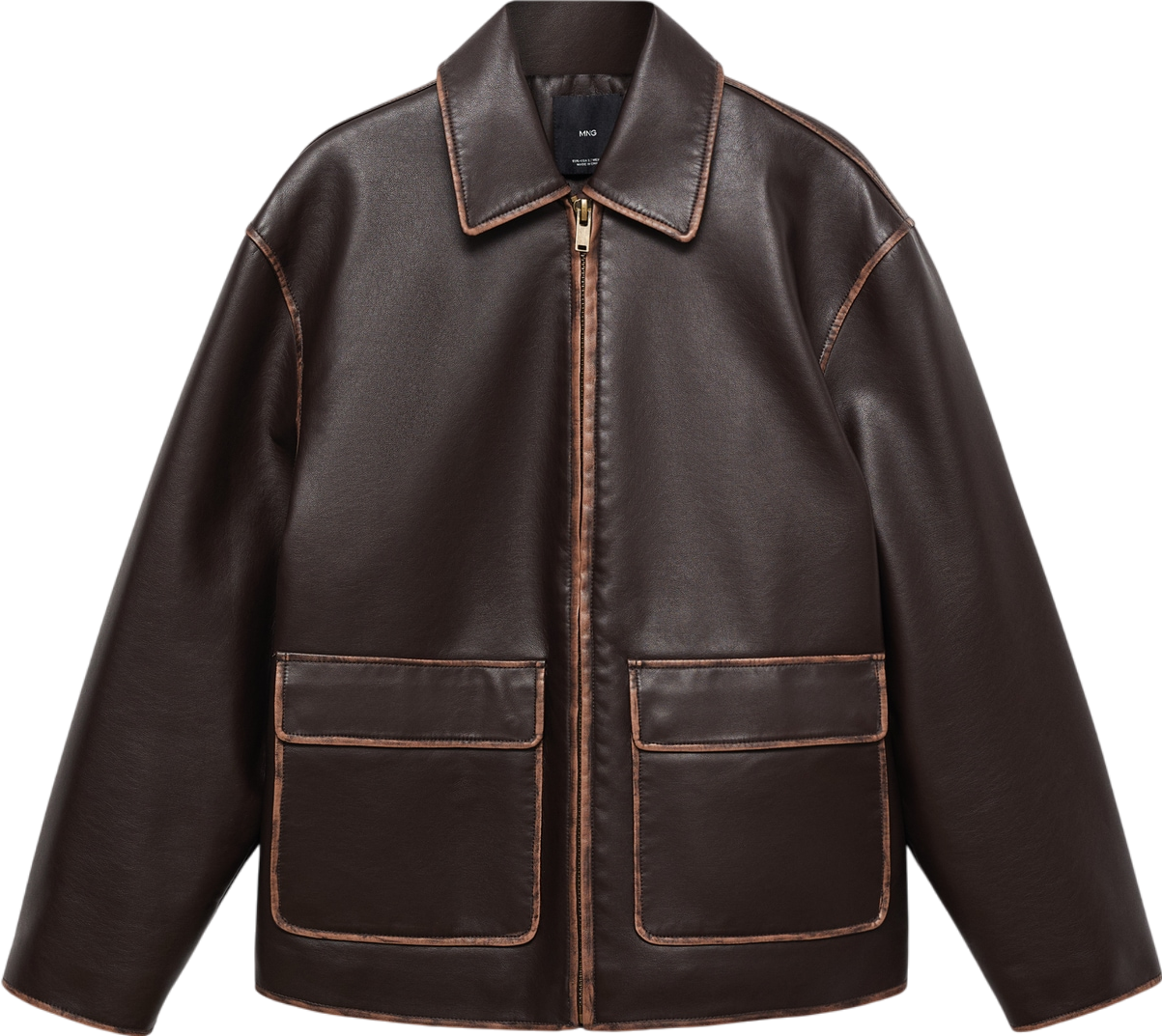 MANGO Brown Leather-effect Jacket With Contrast Stitching UK M