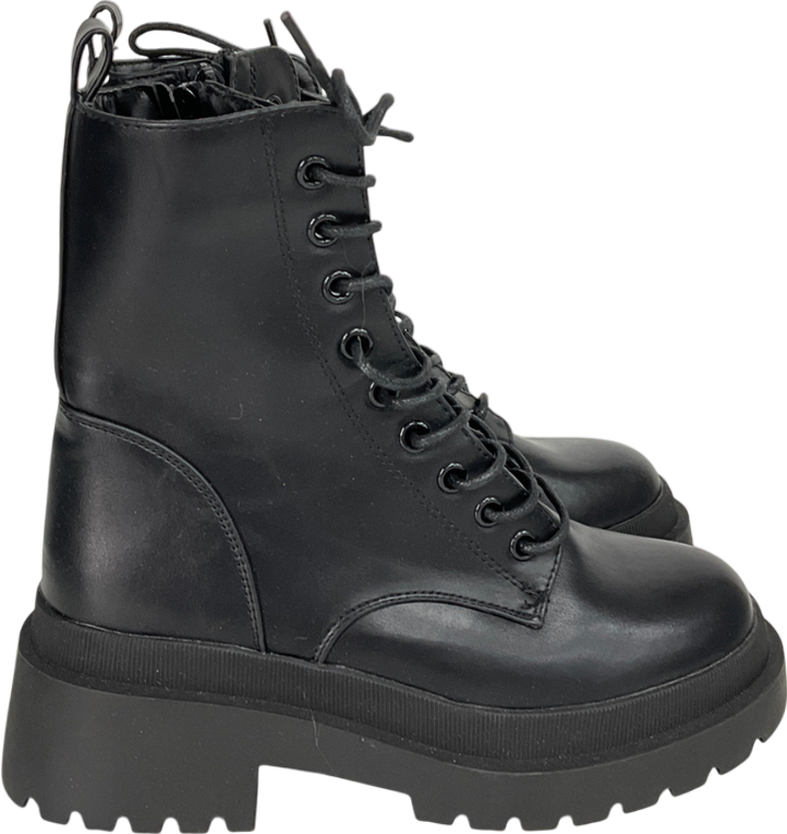 New Look Black Lace Up Chunky Cleated Biker Boots UK 3 EU 36 👠
