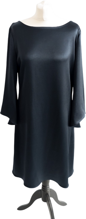 Diane von Furstenberg Dark Navy Blue Scoop Back Satin Long Sleeve Mini Dress US10 UK 14