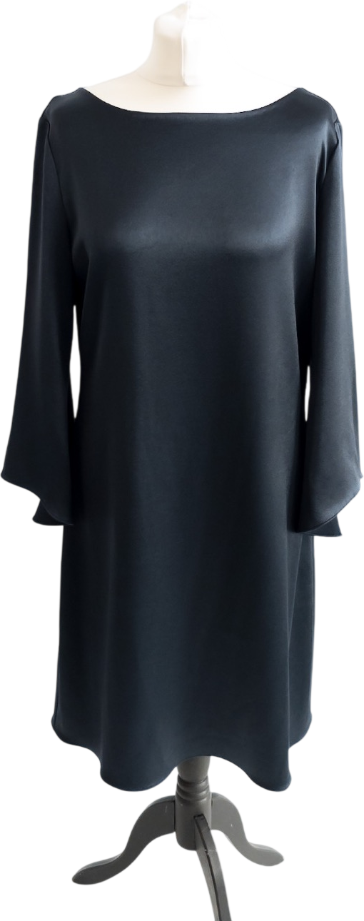 Diane von Furstenberg Dark Navy Blue Scoop Back Satin Long Sleeve Mini Dress US10 UK 14