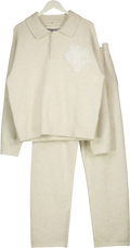 THE COUTURE CLUB Cream 2-piece Monogram Fluffy Knit Polo Jumper And Straight Leg Jogger Set UK S