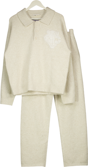 THE COUTURE CLUB Cream 2-piece Monogram Fluffy Knit Polo Jumper And Straight Leg Jogger Set UK S